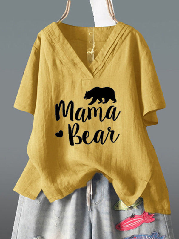 Women's MAMA BEAR printed short-sleeved V-neck irregular cotton and linen top