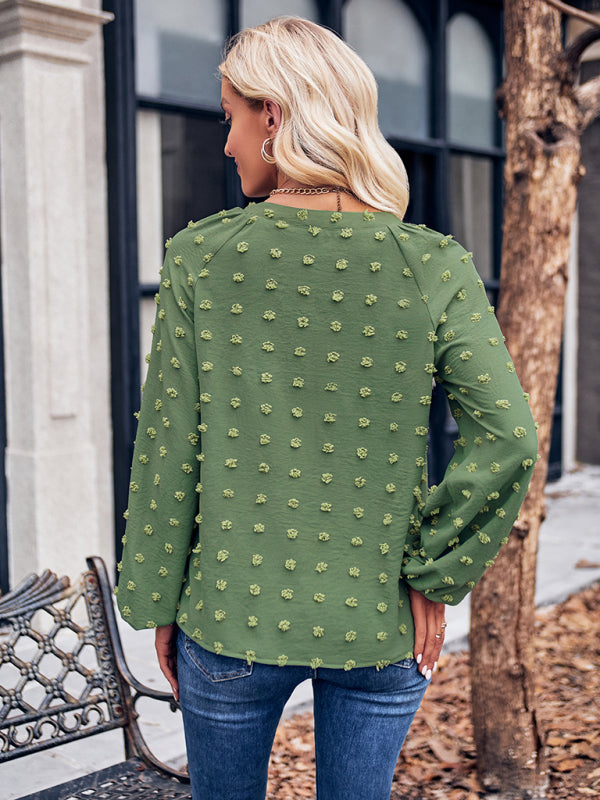 Women's new jacquard V-neck long-sleeved V-neck loose top