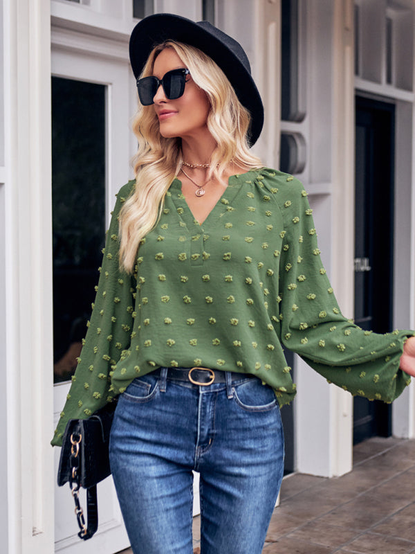 Women's new jacquard V-neck long-sleeved V-neck loose top