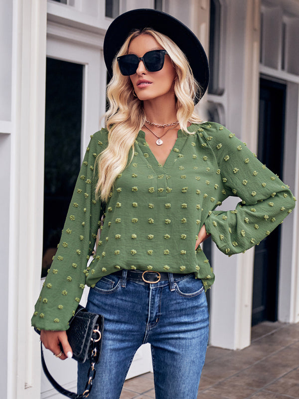Women's new jacquard V-neck long-sleeved V-neck loose top