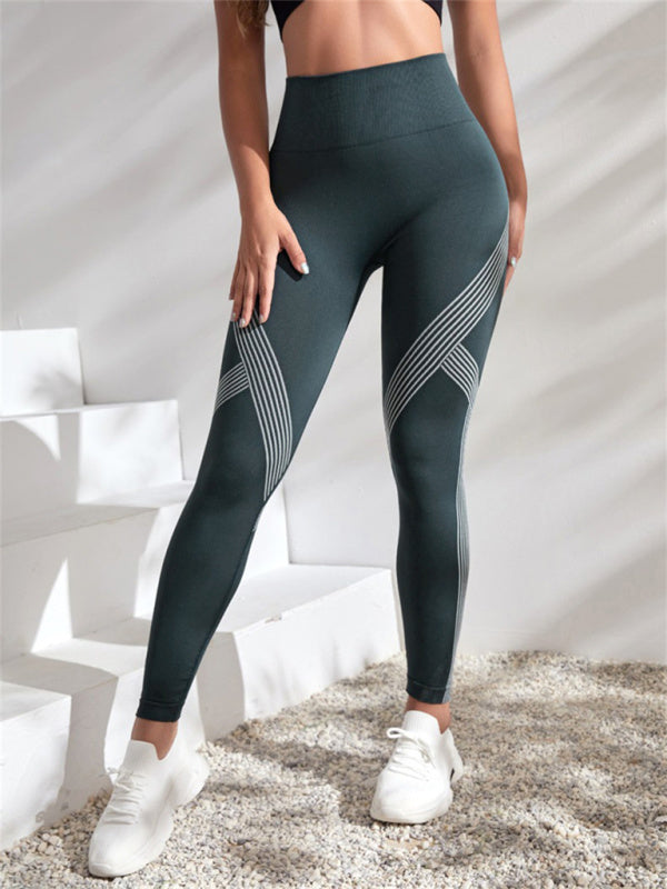 Women's Color Contrasting Stripe High Waist Seamless Sports Yoga Pants