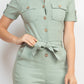Collared Waist-tie Buttoned Jumpsuit
