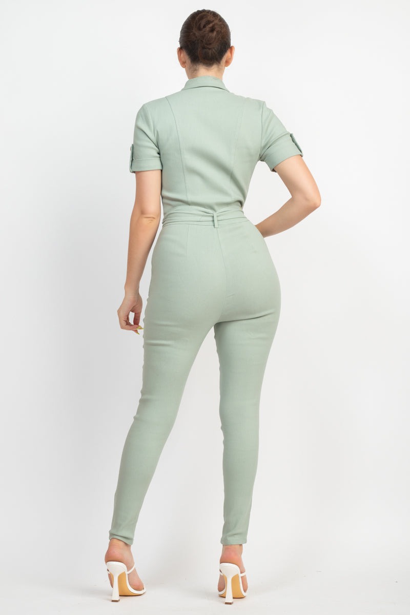 Collared Waist-tie Buttoned Jumpsuit