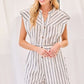 Notched Neck Button Elastic Band Waist Stripe Print Romper