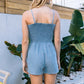 Smocked Bodice Washed Denim Romper Featuring Sleeveless