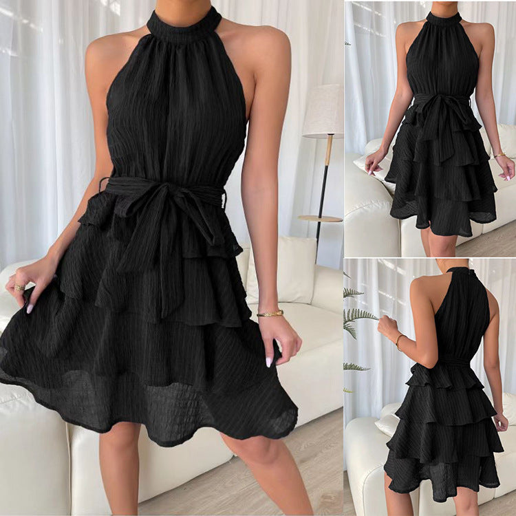 New style women's stitching sleeveless ruffled dress with pleated fabric