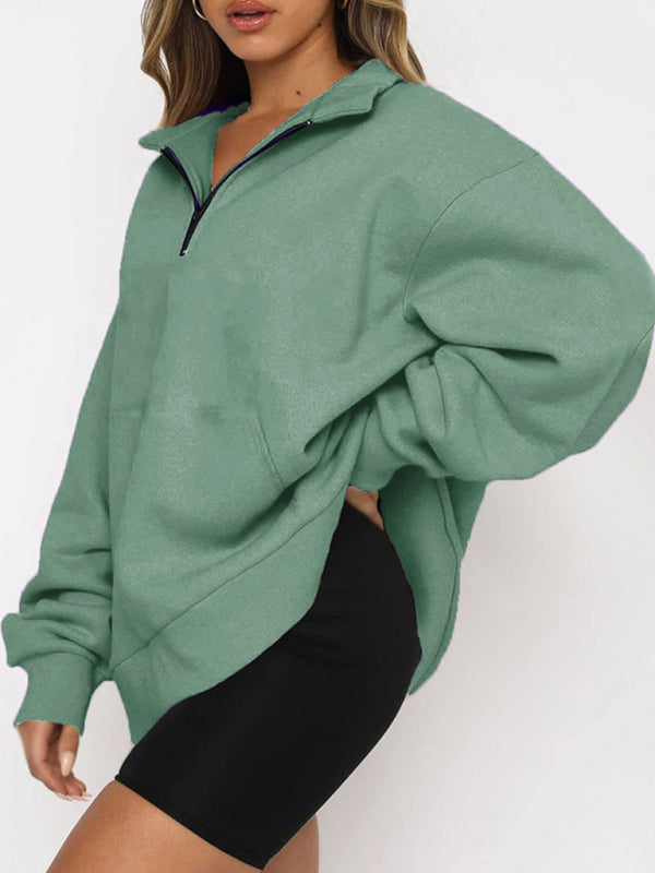 Women’s Solid Color Relaxed Zip Kangaroo Front Pocket Sweatshirt Pullover