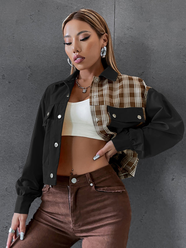 Women's Bi Patterns With Plaid Print Cropped Jacket