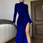 High-neck long velvet dress slim sexy pleated slit dress