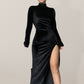 High-neck long velvet dress slim sexy pleated slit dress