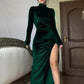 High-neck long velvet dress slim sexy pleated slit dress