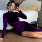 High-neck long velvet dress slim sexy pleated slit dress