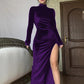 High-neck long velvet dress slim sexy pleated slit dress