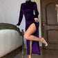 High-neck long velvet dress slim sexy pleated slit dress