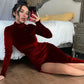 High-neck long velvet dress slim sexy pleated slit dress