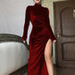 High-neck long velvet dress slim sexy pleated slit dress