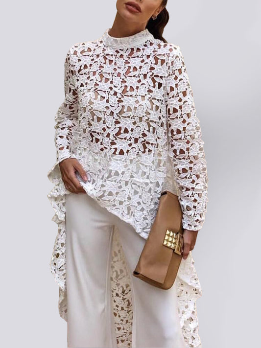 Ladies New Fashion Irregular Sexy Lace Long Sleeve Dress Tops