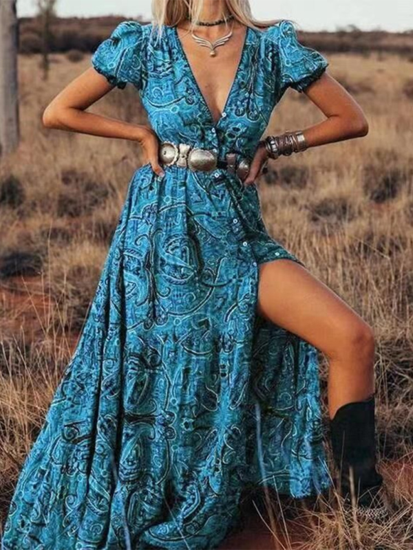Women's Button Front Print Short Sleeve Maxi Dress