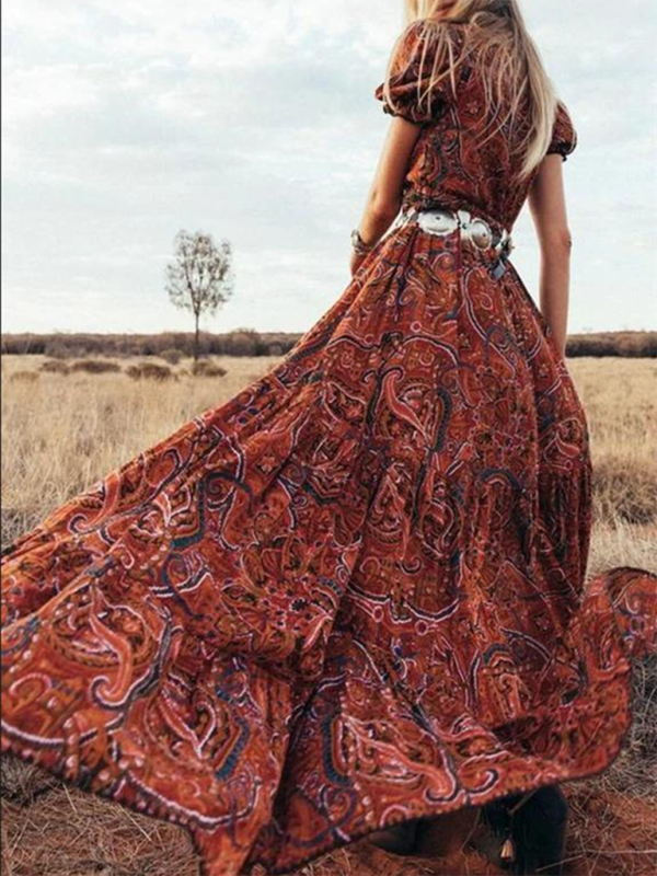 Women's Button Front Print Short Sleeve Maxi Dress