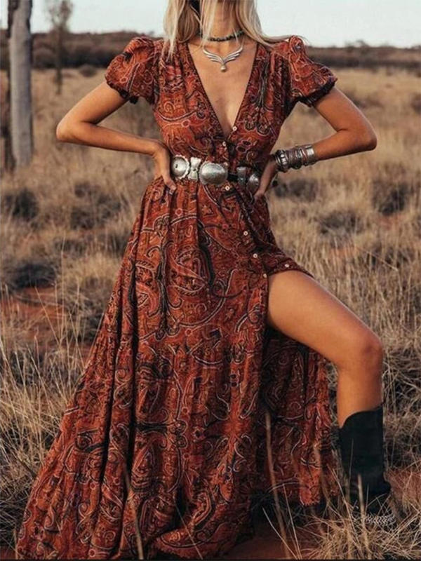 Women's Button Front Print Short Sleeve Maxi Dress