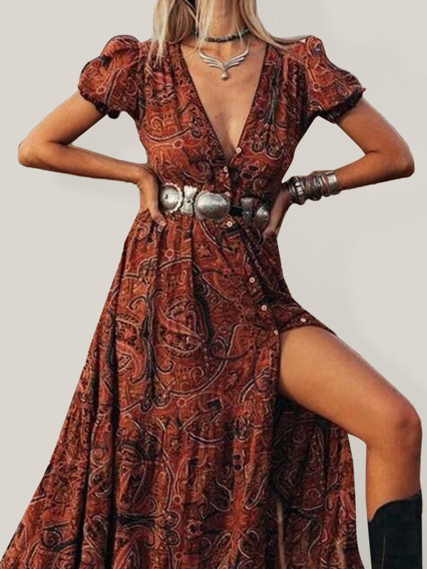 Women's Button Front Print Short Sleeve Maxi Dress