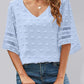 Women's Solid Color V-neck Clip Dot With 3/4 Chiffon Sleeves Blouse