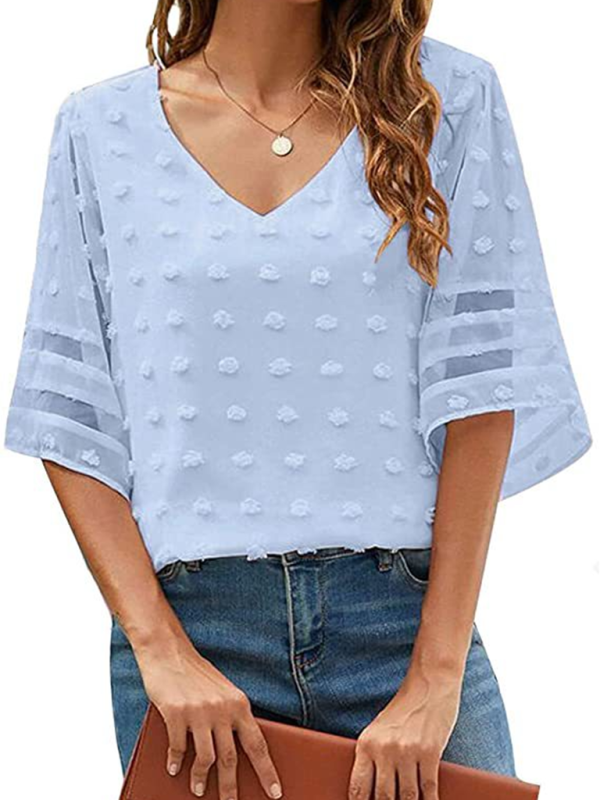 Women's Solid Color V-neck Clip Dot With 3/4 Chiffon Sleeves Blouse