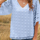 Women's Solid Color V-neck Clip Dot With 3/4 Chiffon Sleeves Blouse