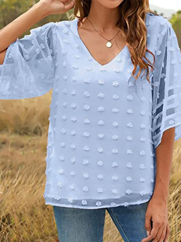 Women's Solid Color V-neck Clip Dot With 3/4 Chiffon Sleeves Blouse