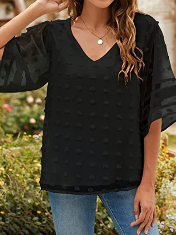 Women's Solid Color V-neck Clip Dot With 3/4 Chiffon Sleeves Blouse