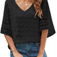Women's Solid Color V-neck Clip Dot With 3/4 Chiffon Sleeves Blouse