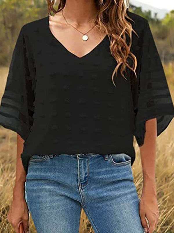 Women's Solid Color V-neck Clip Dot With 3/4 Chiffon Sleeves Blouse