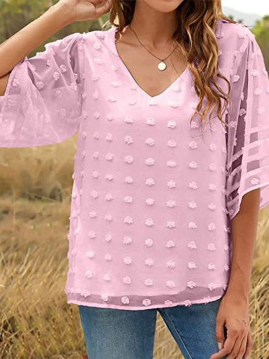 Women's Solid Color V-neck Clip Dot With 3/4 Chiffon Sleeves Blouse