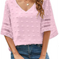 Women's Solid Color V-neck Clip Dot With 3/4 Chiffon Sleeves Blouse
