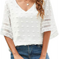 Women's Solid Color V-neck Clip Dot With 3/4 Chiffon Sleeves Blouse
