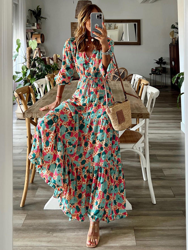 Women's Floral Print Tiered Puff Ruffle Sleeve Maxi Dress