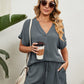 Women's Solid Color Short Sleeve V-neck T-shirt And Shorts