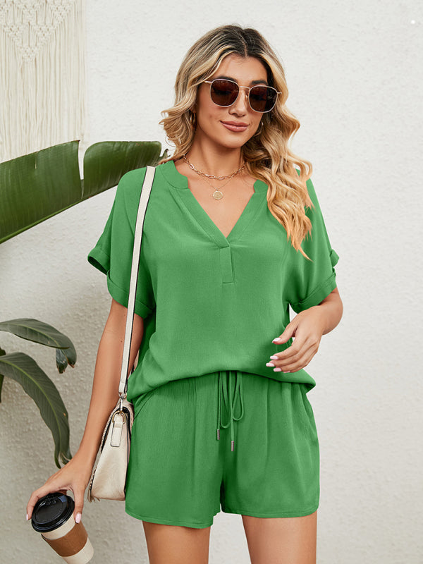 Women's Solid Color Short Sleeve V-neck T-shirt And Shorts