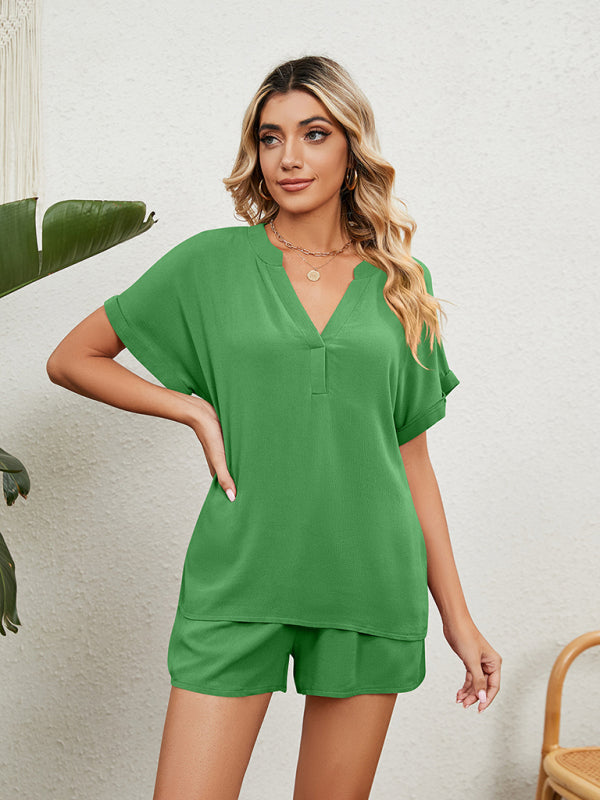 Women's Solid Color Short Sleeve V-neck T-shirt And Shorts