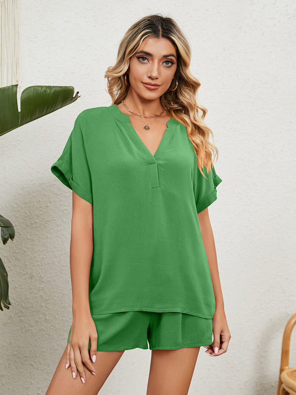 Women's Solid Color Short Sleeve V-neck T-shirt And Shorts