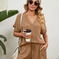 Women's Solid Color Short Sleeve V-neck T-shirt And Shorts