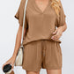 Women's Solid Color Short Sleeve V-neck T-shirt And Shorts