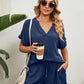 Women's Solid Color Short Sleeve V-neck T-shirt And Shorts