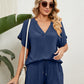 Women's Solid Color Short Sleeve V-neck T-shirt And Shorts