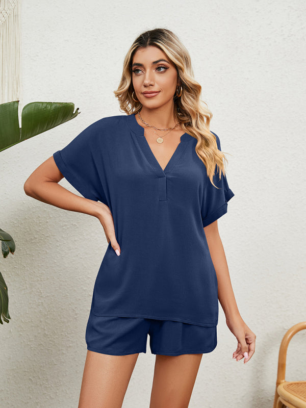 Women's Solid Color Short Sleeve V-neck T-shirt And Shorts