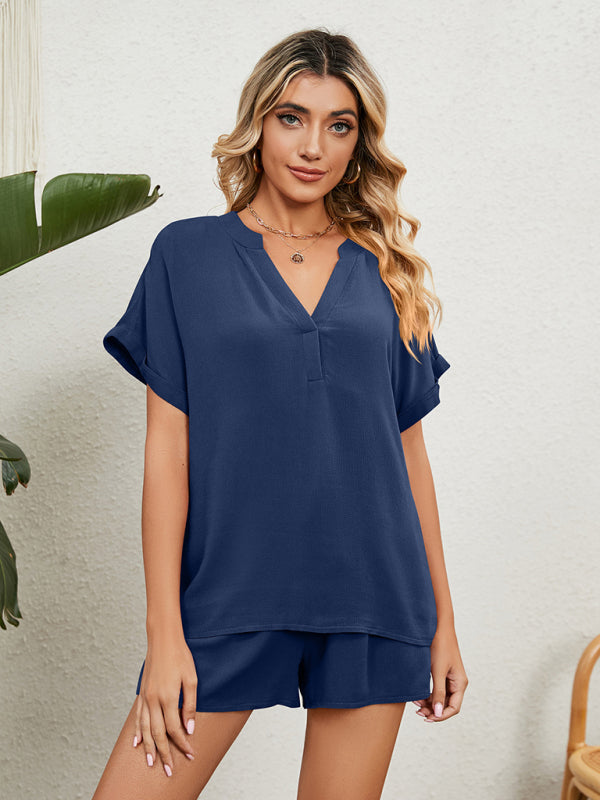 Women's Solid Color Short Sleeve V-neck T-shirt And Shorts