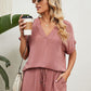 Women's Solid Color Short Sleeve V-neck T-shirt And Shorts