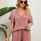Women's Solid Color Short Sleeve V-neck T-shirt And Shorts