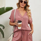 Women's Solid Color Short Sleeve V-neck T-shirt And Shorts