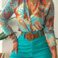 Women's Printed Stand Collar V-neck Long Sleeve Shirt Top With Belted Shorts Set